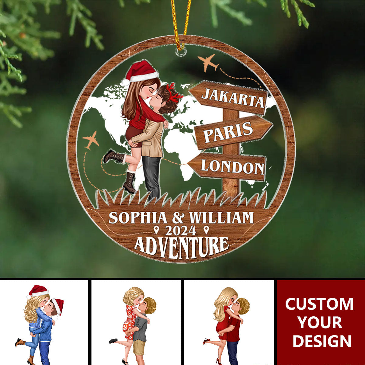 Adventure Kissing Couple Personalized 2-Layer Acrylic Ornament, Christmas Gift For Couple Travelers