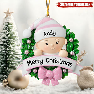 Lovely Baby On Christmas Wreath Personalized Handwritten Resin Christmas Ornament