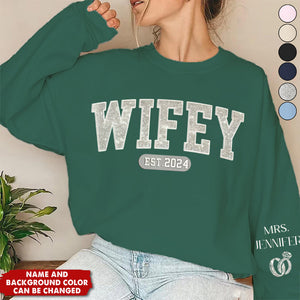 Wifey Est - Couple Personalized Custom Unisex Sweatshirt With Design On Sleeve - Gift For Husband Wife, Anniversary