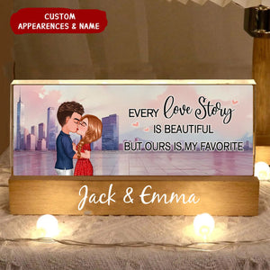 Couple Kissing Skyline Personalized Acrylic Block LED Night Light, Heartfelt Gift For Couple