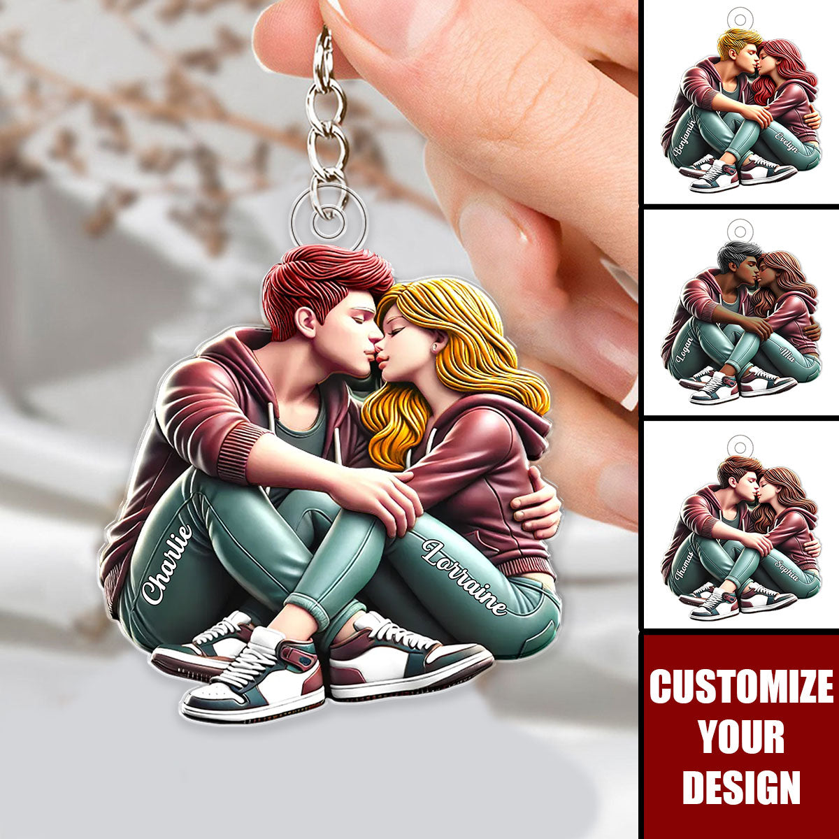 Couple Sitting Kissing - Personalized Acrylic Keychain, Gift For Couple, For Him, For Her