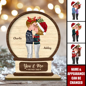 Couple Kissing In Snowball Personalized 2-Layer Standing Wooden Plaque, Christmas Gift For Him For Her