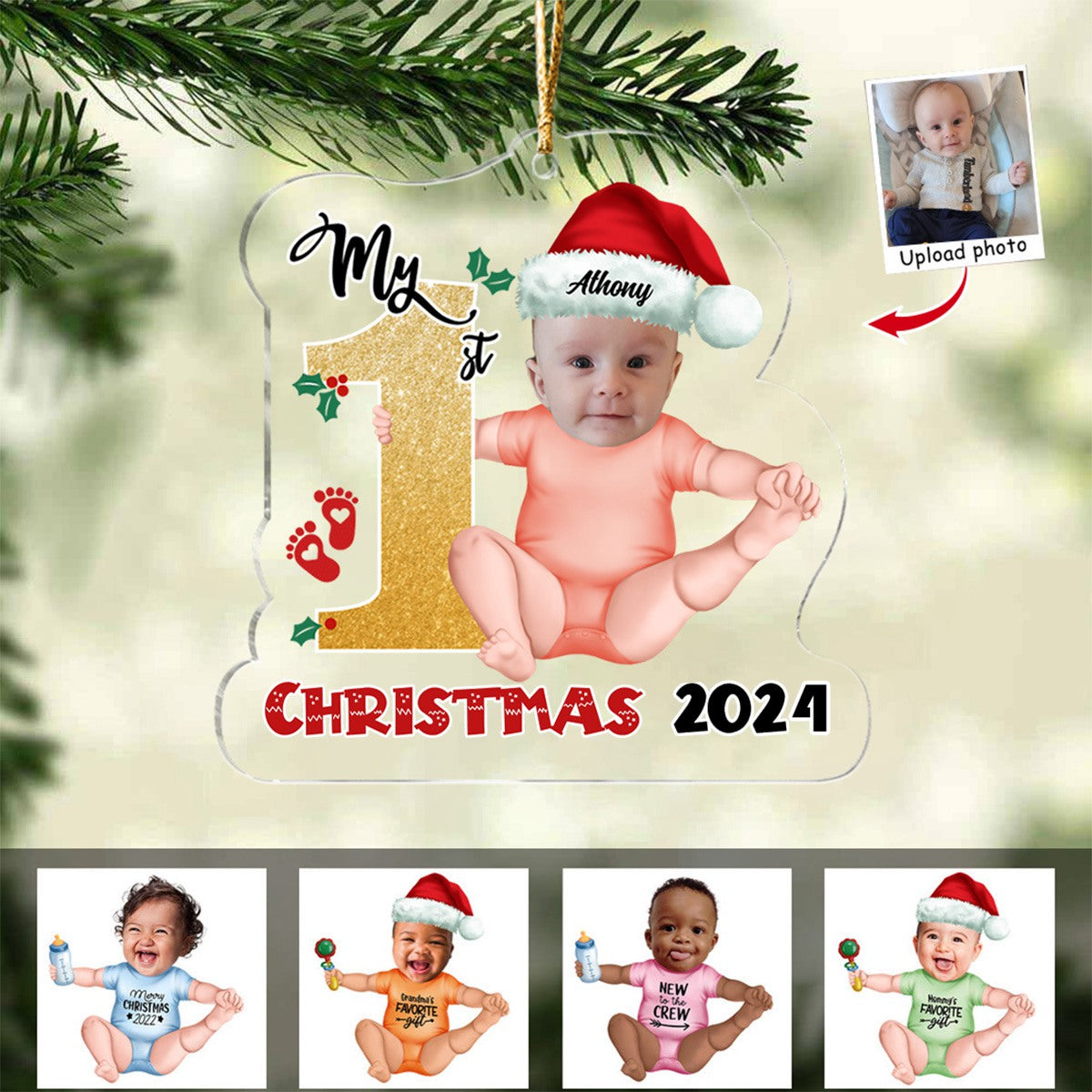 Transparent Ornament - Custom Acrylic Ornament from Photo - Baby Onesie - My First Christmas 2024