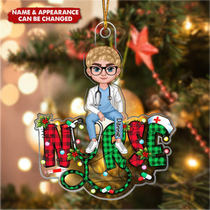 Sitting Nurse Christmas Pattern Personalized Acrylic Ornament, Christmas Gift For Nurses