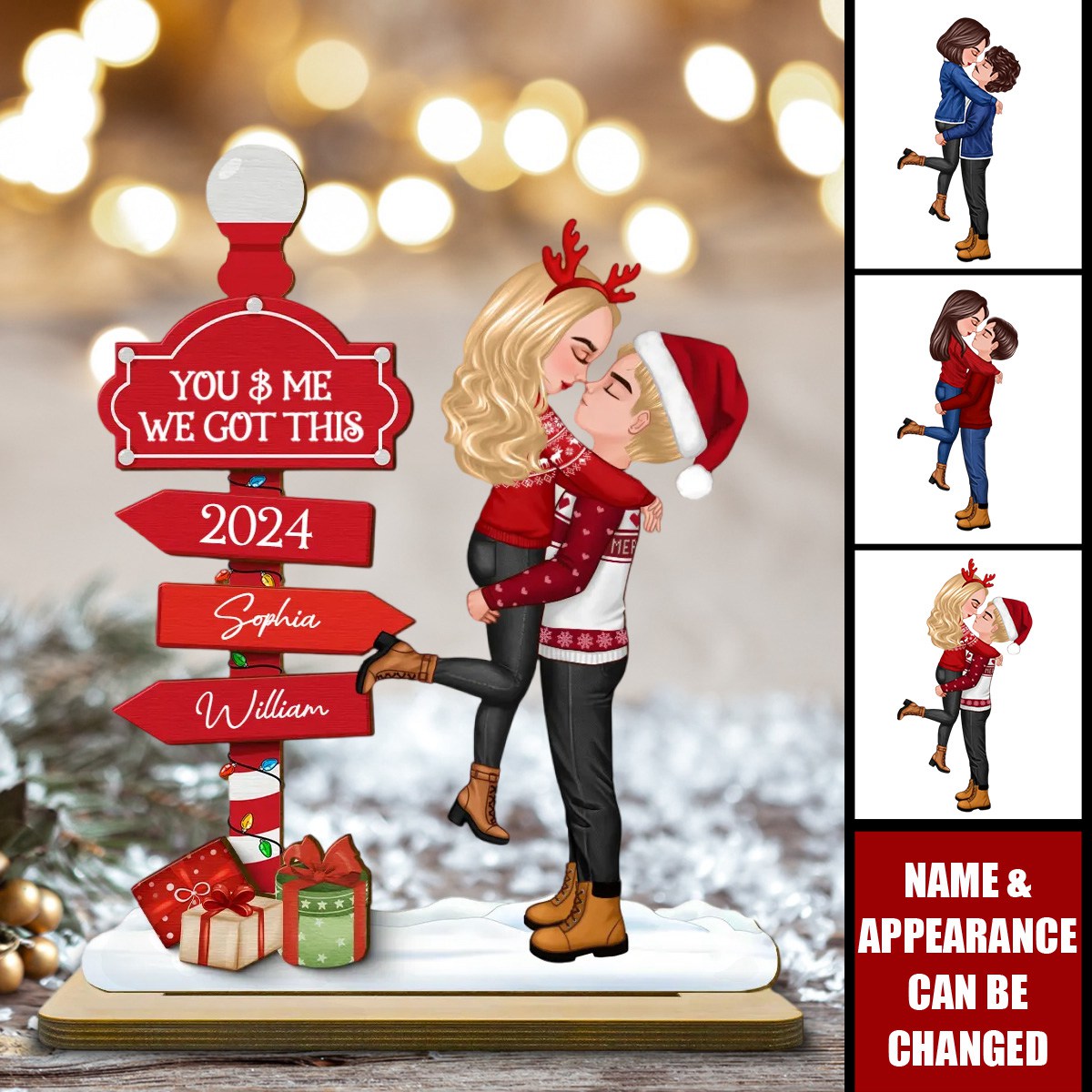 Christmas Couple Kissing Sign Personalized Standing Wooden Plaque