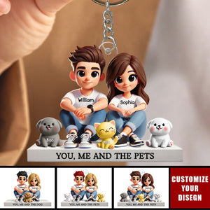 Cute Couple And Dogs Cats Personalized Acrylic Keychain