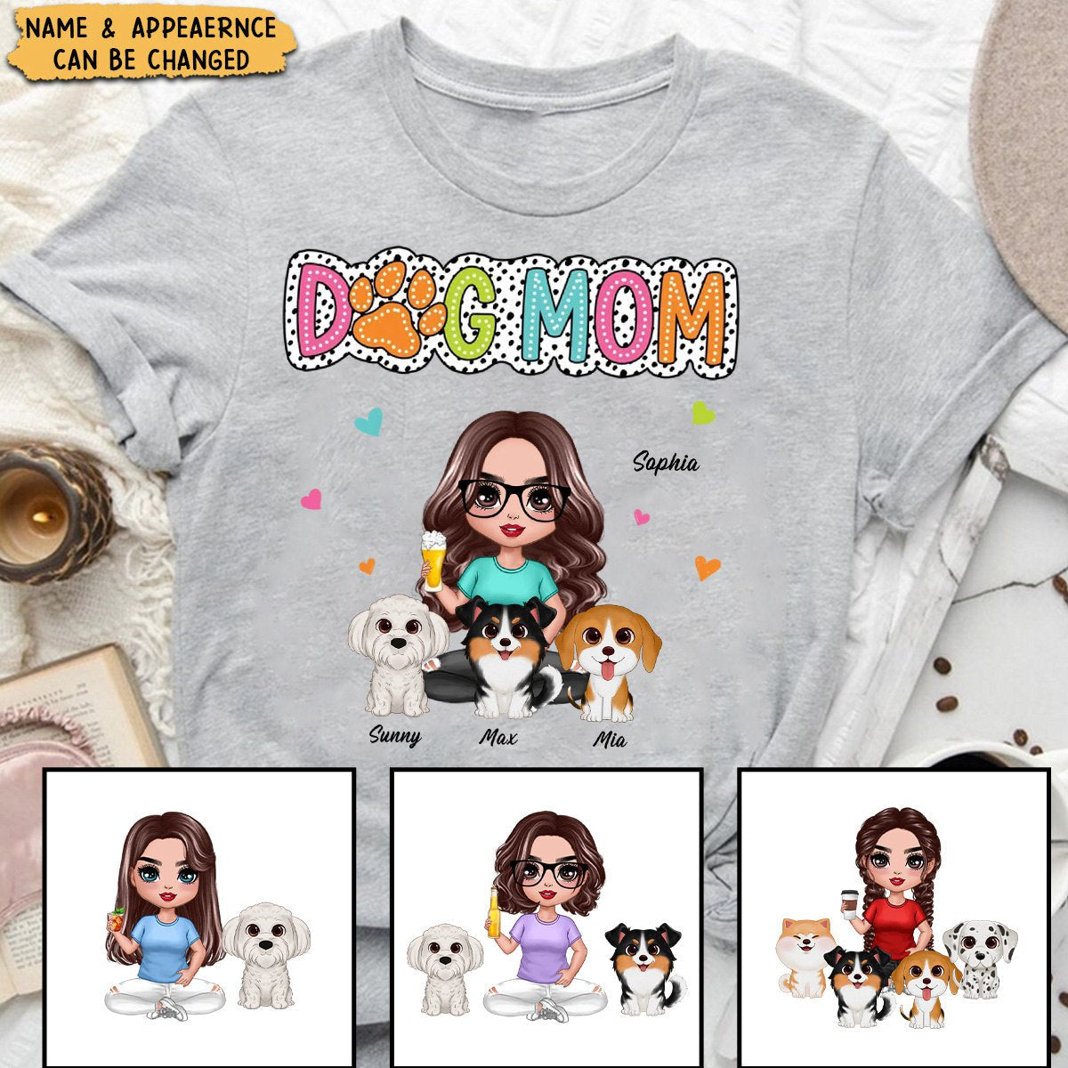 Dog Mom Summer Vibe Woman & Cute Watercolor Dogs Personalized T-Shirt