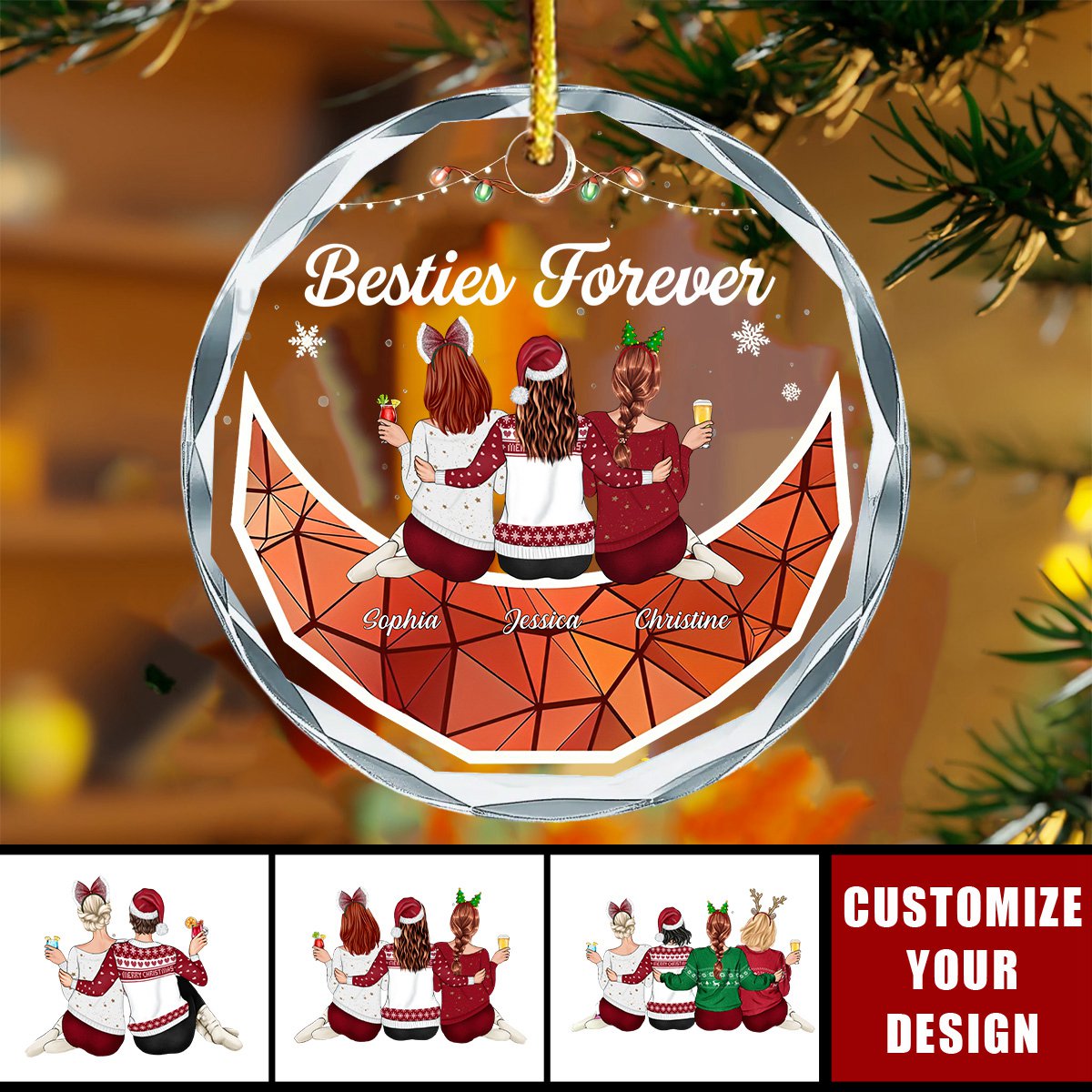 Christmas Bestie On Moon Besties Forever - Personalized Circle Glass Ornament