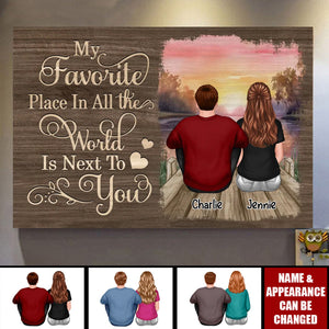 Couple Sitting Back View Wooden Sunset Lake Personalized Horizontal Poster