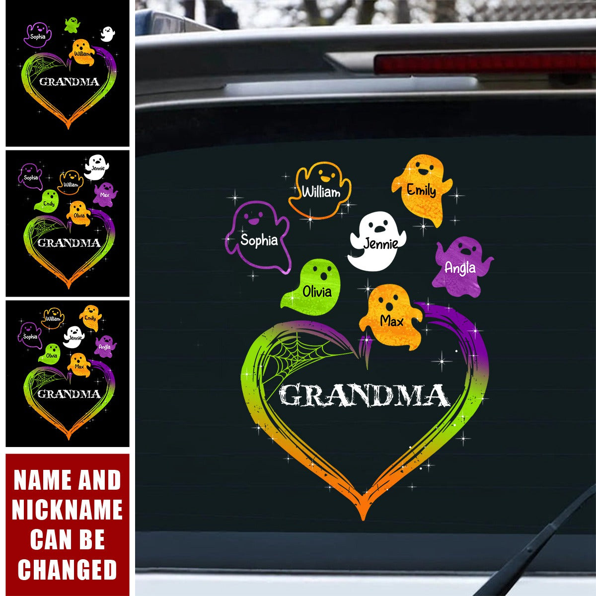 Grandma Mom Boo Flying Heart Personalized Decal, Halloween Decor