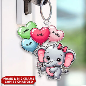 Cute Elephant Grandma With Sweetheart Balloon Grandkids Personalized Acrylic Keychain