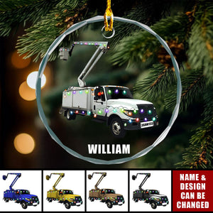 Lineman Bucket Truck - Personalized Custom Circle Glass Ornament - Christmas Gift for Lineman