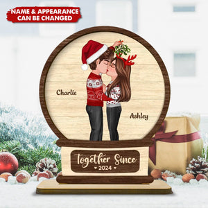 Couple Kissing In Snowball Personalized 2-Layer Standing Wooden Plaque, Christmas Gift For Him For Her