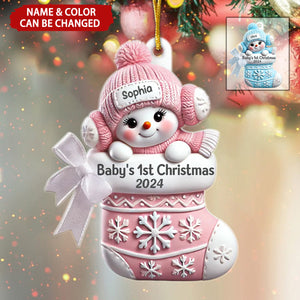 3D Effect Snowbaby On Stocking Baby's 1st Christmas Keepsake Personalized Acrylic Ornament