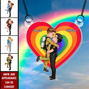 LGBT Couple Portrait, Gifts by Occupation - Personalized Window Hanging Suncatcher Ornament, Pride Month Gift For Couple, For Him, For Her