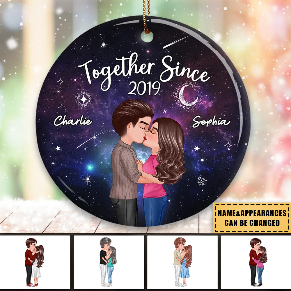 Christmas Doll Couple Kissing In Galaxy Night Personalized Circle Ornament