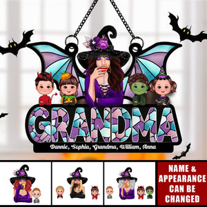 Halloween Grandma And Grandkids - Personalized Window Hanging Suncatcher Ornament