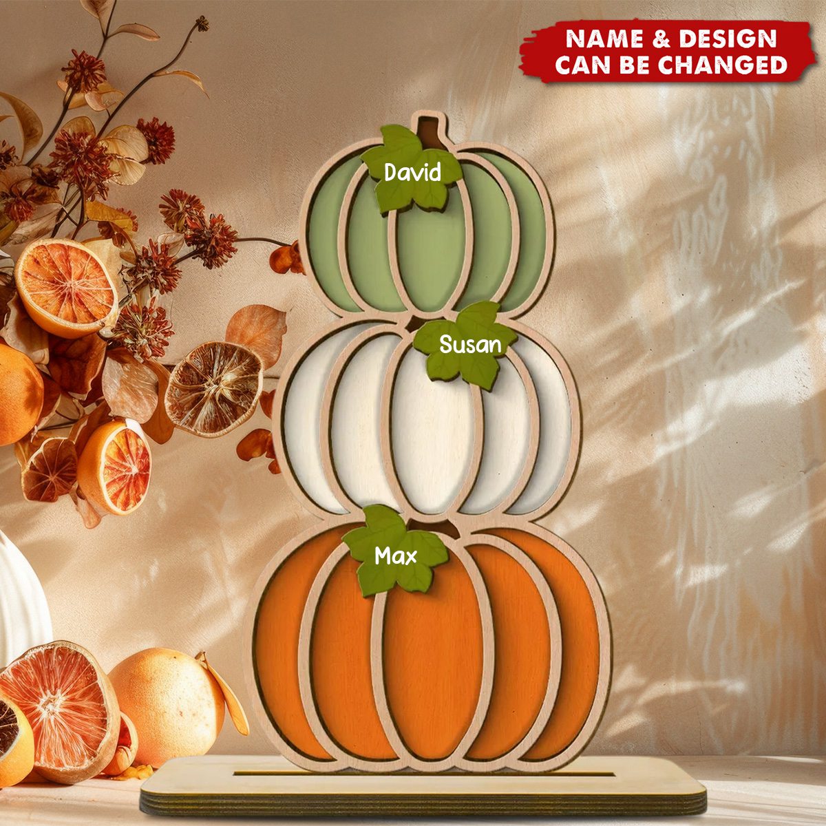 Fall Season Pumpkins Stack With Names Personalized 2-Layer Wooden Standing Plaque