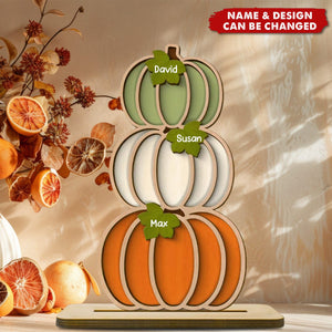 Fall Season Pumpkins Stack With Names Personalized 2-Layer Wooden Standing Plaque