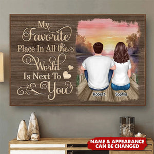 Couple Sitting Back View Wooden Sunset Lake Personalized Horizontal Poster