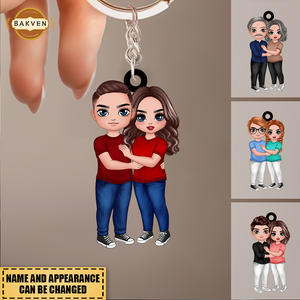 Doll Couple Hugging - Personalized Keychain - Anniversary Gift For Couple - Gift For Him - Gift For Her