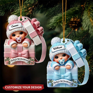 Baby Inside Gift Box 3D Effect Personalized Acrylic Ornament, Lovely Keepsake to Celebrate Baby's First Christmas