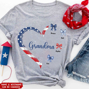 Proud American Grandma Mom Heart Bow Personalized T-Shirt