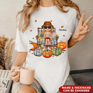 Grandma Sitting On Chair Pumpkins - Personalized T-Shirt