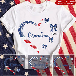 Proud American Grandma Mom Heart Bow Personalized T-Shirt