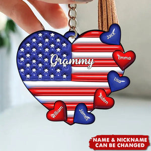 Grandma & Grandkids Puff Heart Flag - Personalized Grandma Keychain