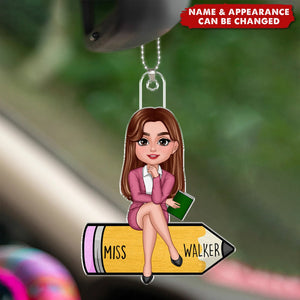 Teacher Sitting On Pencil Personalized Acrylic Car Ornament