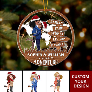 Adventure Kissing Couple Personalized 2-Layer Acrylic Ornament, Christmas Gift For Couple Travelers