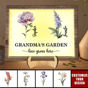 Grandma's Garden Love Grows Here Birth Month Flower - Personalized 2-Layered Wooden Frame With LED