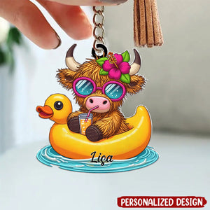 Cute Highland Cow Beach Vibe Sweet Summer Custom Name Personalized Keychain