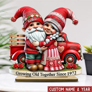 3D Effect Dwarf Old Couple And Valentine Truck Personalized 2-Layer Standing Wooden Plaque