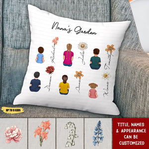 Vintage Birth Month Flowers Garden With Grandkids Names Personalized Pillow