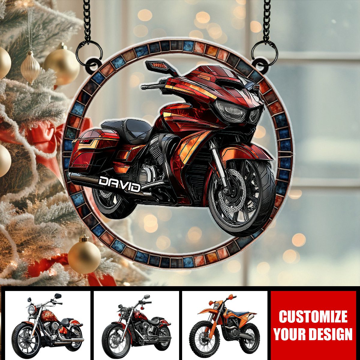 Ride More - Personalized Name Christmas Suncatcher Ornament For Motorbiker