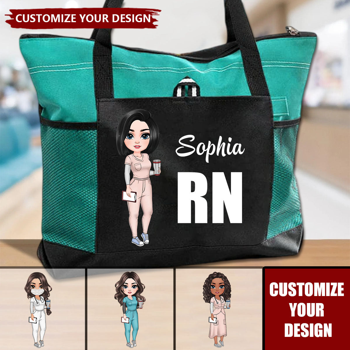 Personalized Nurse Cartoon Character Large Oxford Tote Bag Gift For Nurse