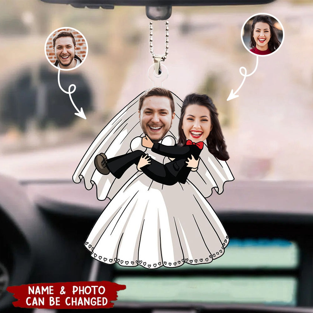 Custom Photo Funny Bride And Groom - Birthday, Anniversary Gift For Spouse, Husband, Wife, Couple - Personalized Car Ornament