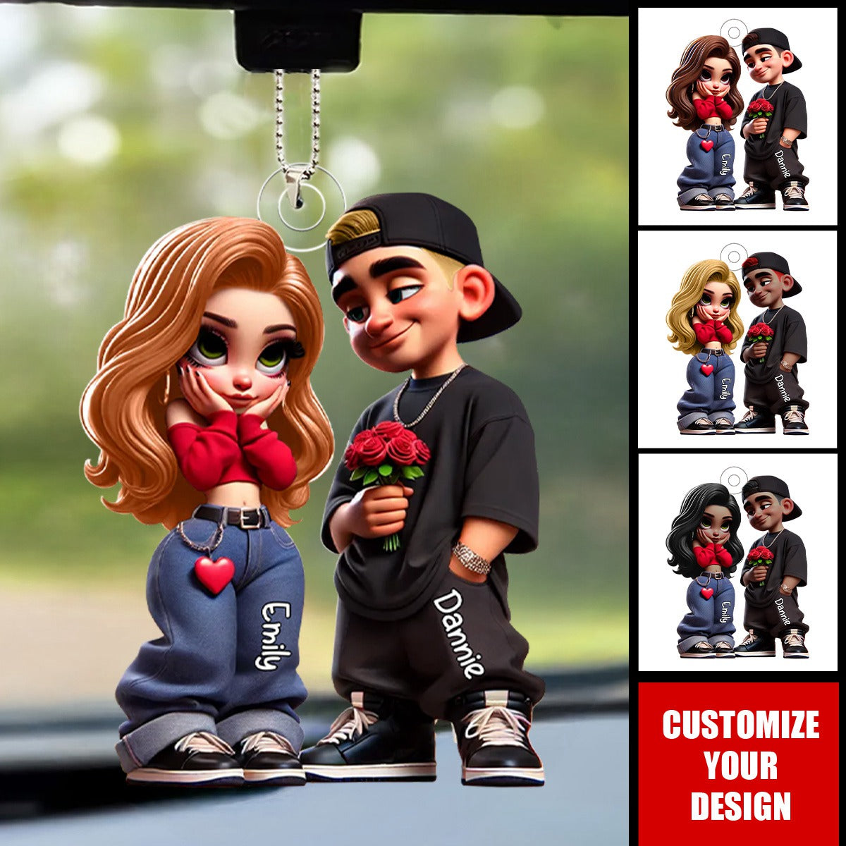 3D Effect Y2K Couple Personalized Acrylic Car Ornament, Valentine's Day Gift For Couple, for him, for her