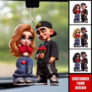 3D Effect Y2K Couple Personalized Acrylic Car Ornament, Valentine's Day Gift For Couple, for him, for her