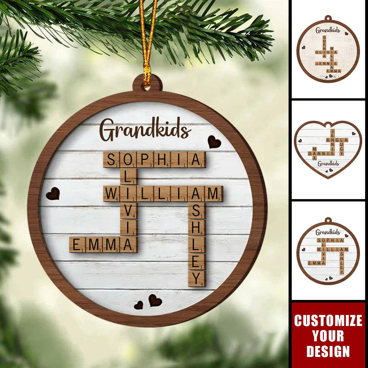 Grandkids Crossword Puzzle Art Personalized 2-Layer Wooden Ornament, Christmas Gift For Grandma, Gift For Mom