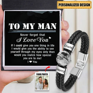 Personalized Photo Bracelet with 2 Names Leather Bracelet Beaded Wrap Bracelets