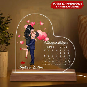 Doll Couple Hugging Kissing Calendar Anniversary Date Personalized Heart Shaped Acrylic  Plaque With LED Night Light - Anniversary Gift For Couple - Gift For Him, Gift For Her