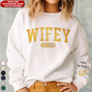 Wifey Est - Couple Personalized Custom Unisex Sweatshirt With Design On Sleeve - Gift For Husband Wife, Anniversary