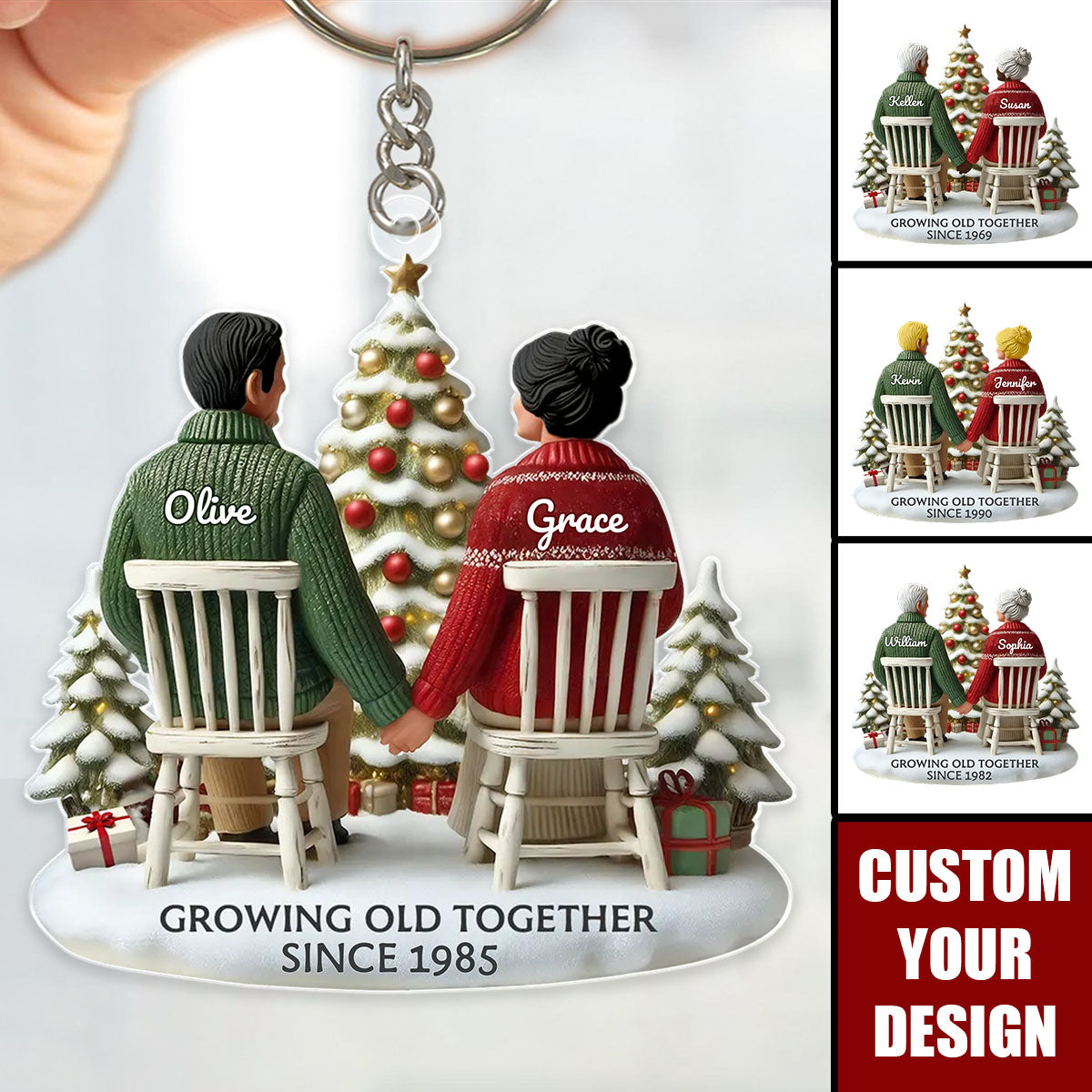 3D Effect Old Couple Growing Old Together Personalized Keychain