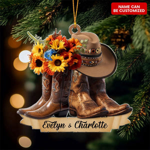 Custom Name Cowboy Couple Flower - Personalized Acrylic Christmas Ornament