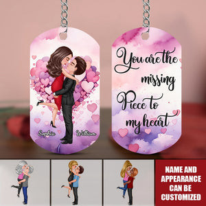 Doll Couple Kissing Hugging - Personalized Stainless Steel Keychain, Valentine's Day Gift Idea For Couple