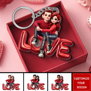 3D Effect Couple Sitting On LOVE Personalized Acrylic Keychain