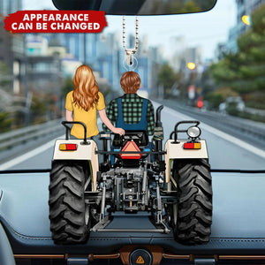 Tractor Driving Couple - Personalized Acrylic Car Ornament - Gift For Farmers